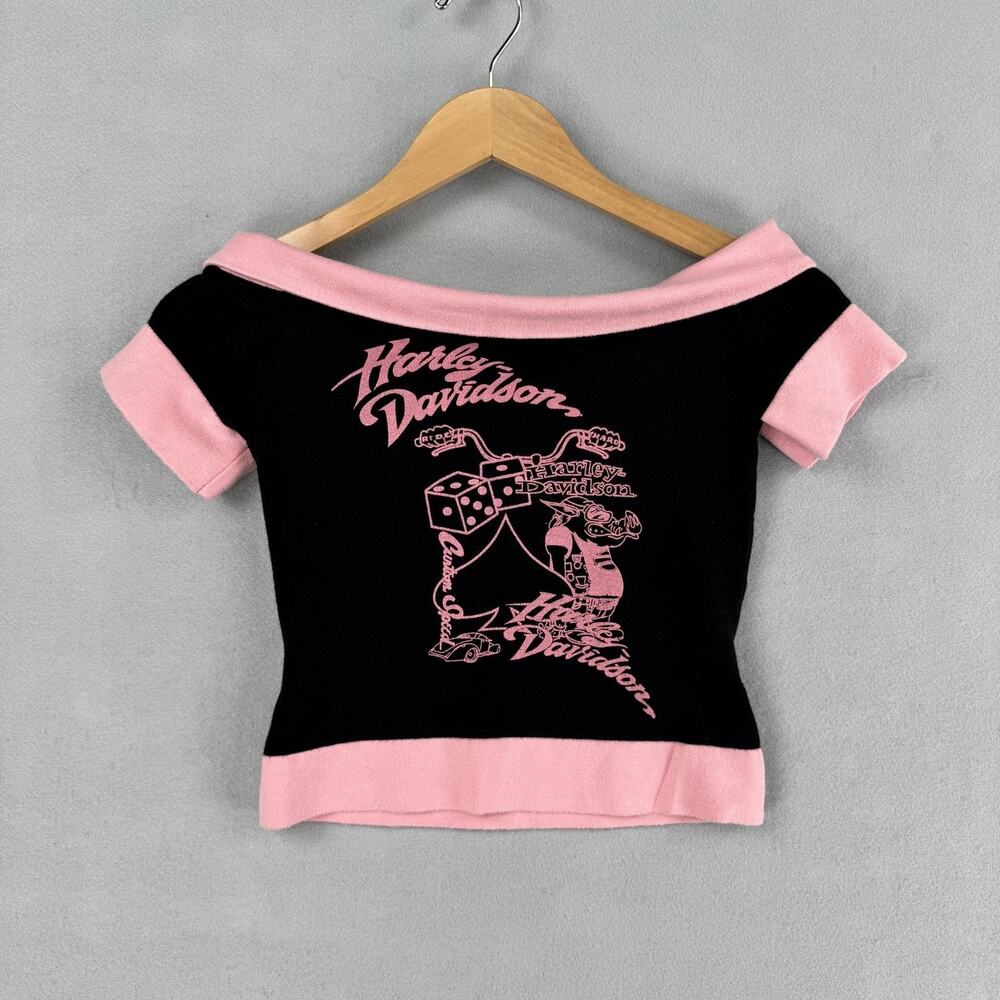 Harley-Davidson Shirt Womens XS Black Pink Off Shoulder Crop Top Hog Biker